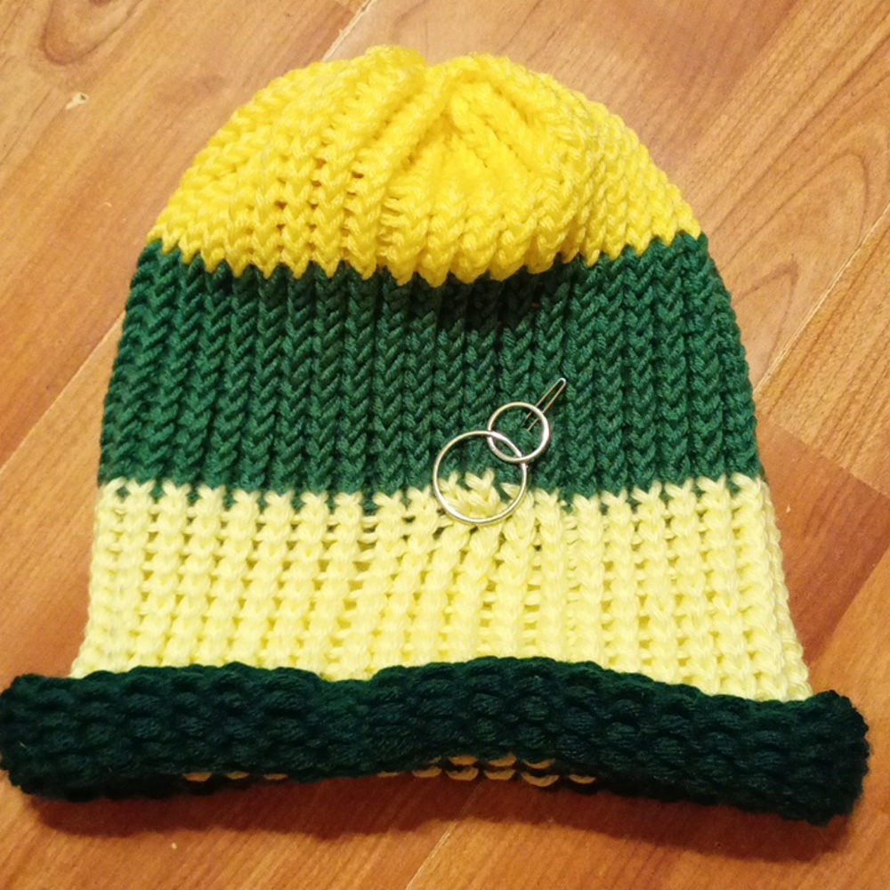 Knit Beanie hat yarn Yellow Green Winter Ski beanie L XL loose knit hair clip